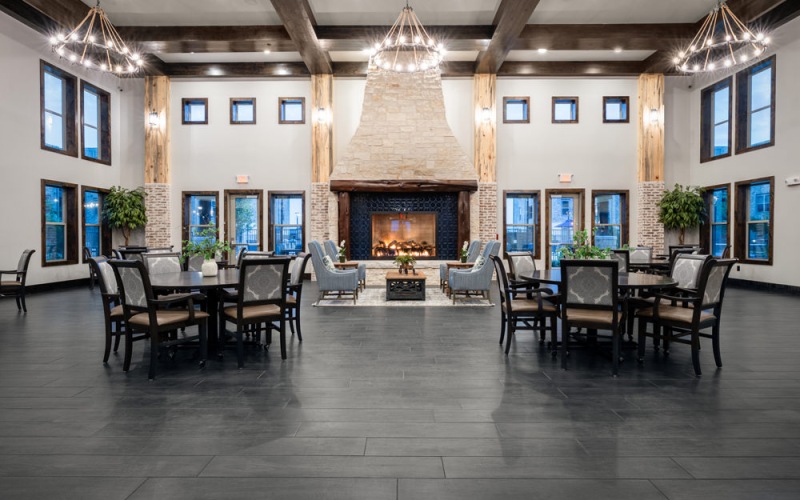 a room with a view and a fireplace