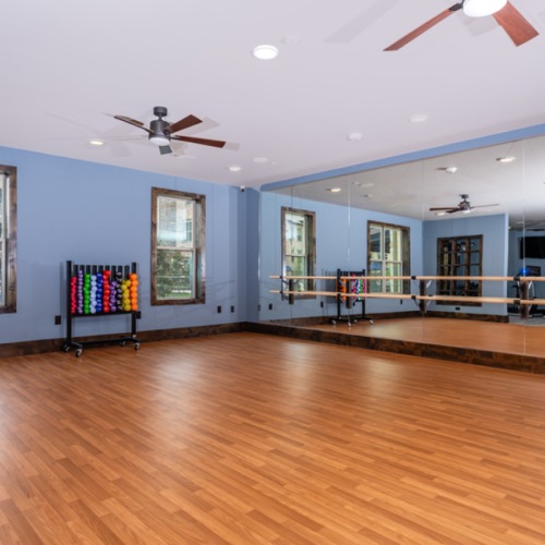 Cutting-edge amenities at your fingertips a large room with wood floors and a mirror